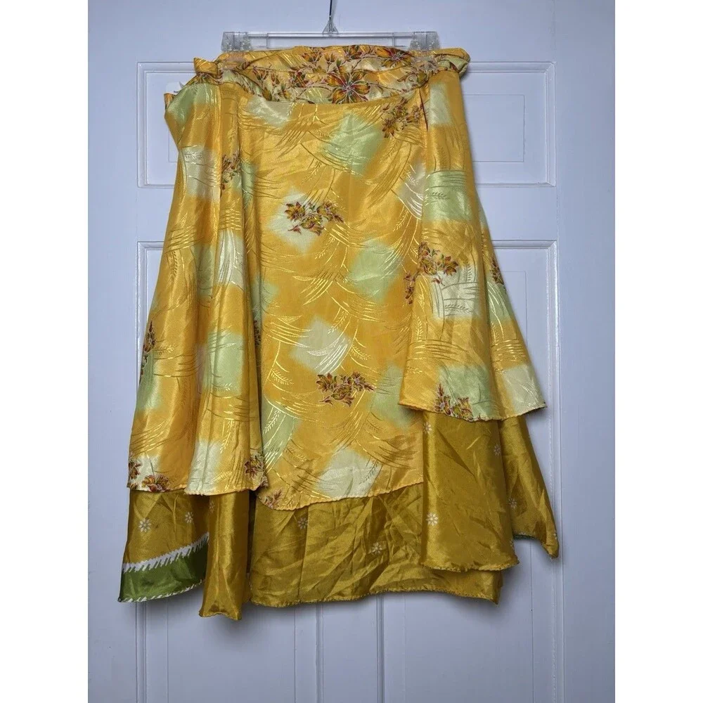 Kariza Wrap Skirt Tie Waist Layered Multicolor Yellow Mix Print Art One Size